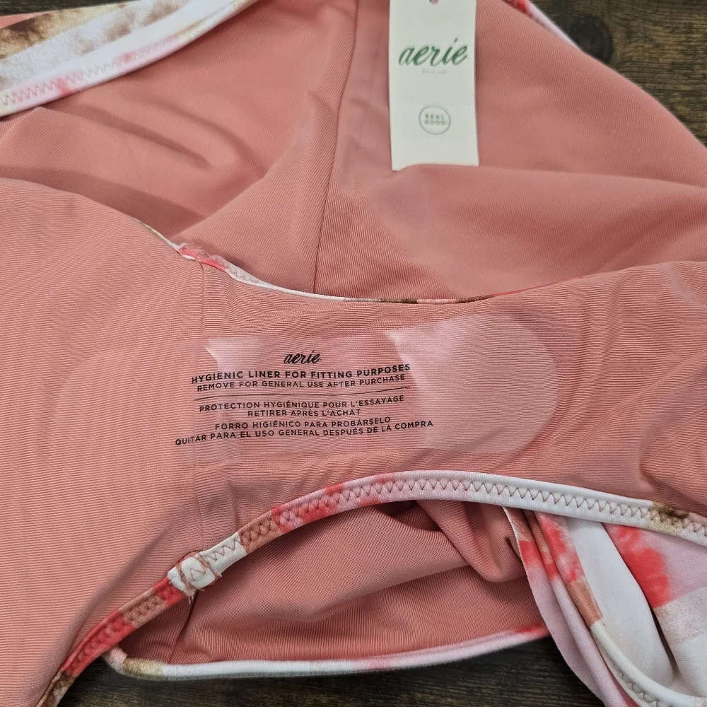 Aerie White Pink Print Ruffle High Waisted Full Coverage Bikini Bottom Size XL